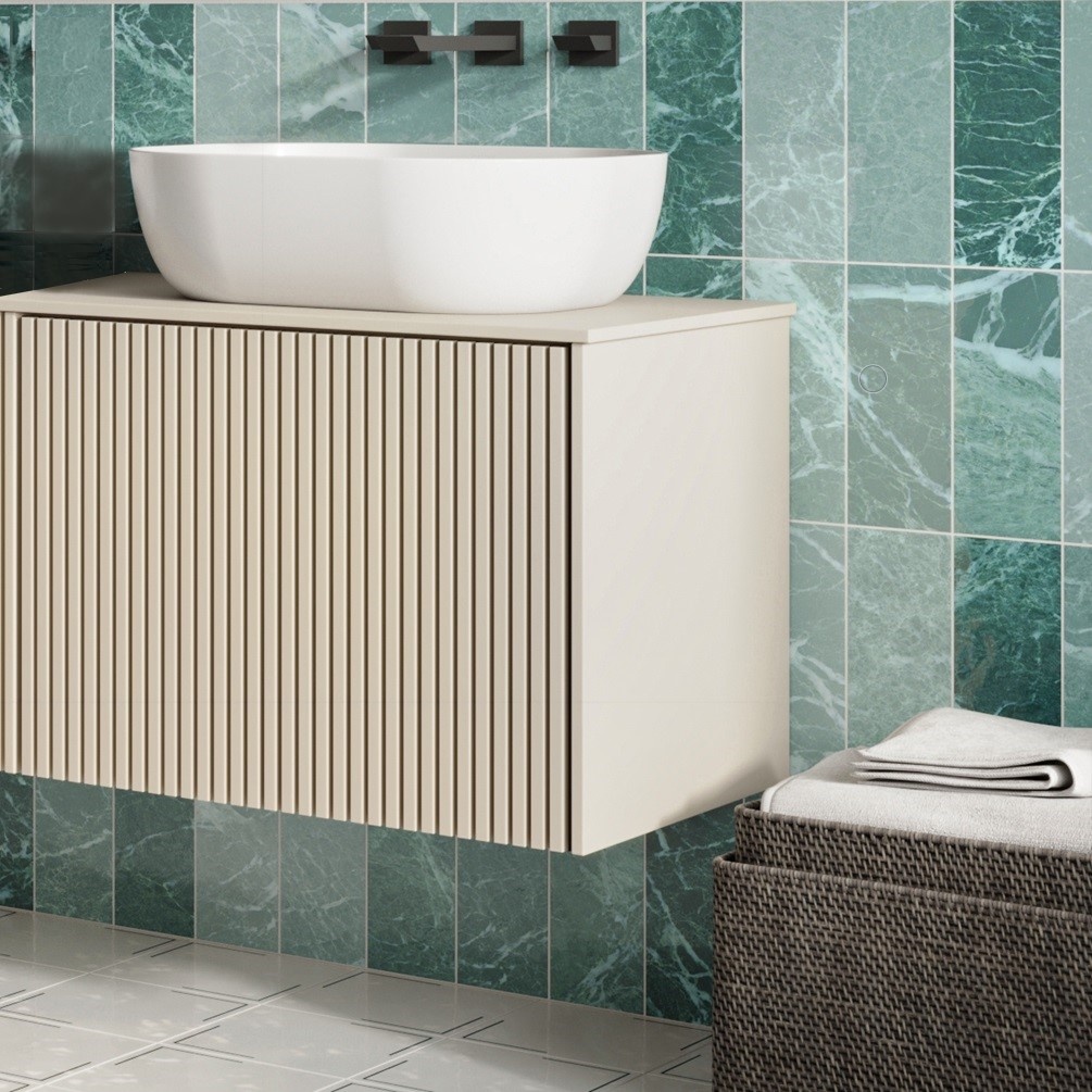 Product Lifestyle Image of Crosswater Limit 600mm Warm Stone and Anthracite Wall Hung Vanity Unit and Worktop with oval countertop basin in white LM6000DWSAN LM6100TWS